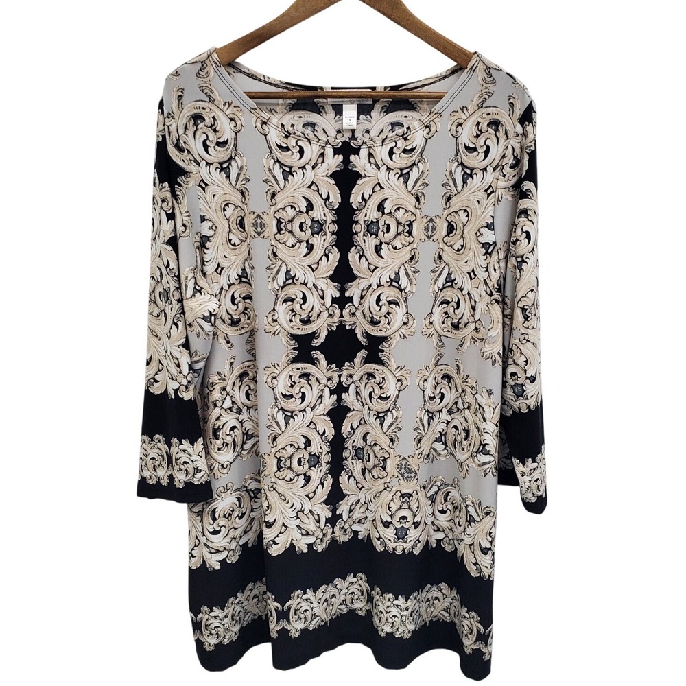 Dressbarn Womens 3/4 Sleeve Paisley Print Tunic Top Plus Size 1X Beige Black